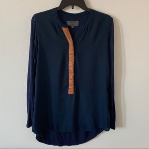 Sunday in Brooklyn navy long sleeve blouse with leather accent size XS